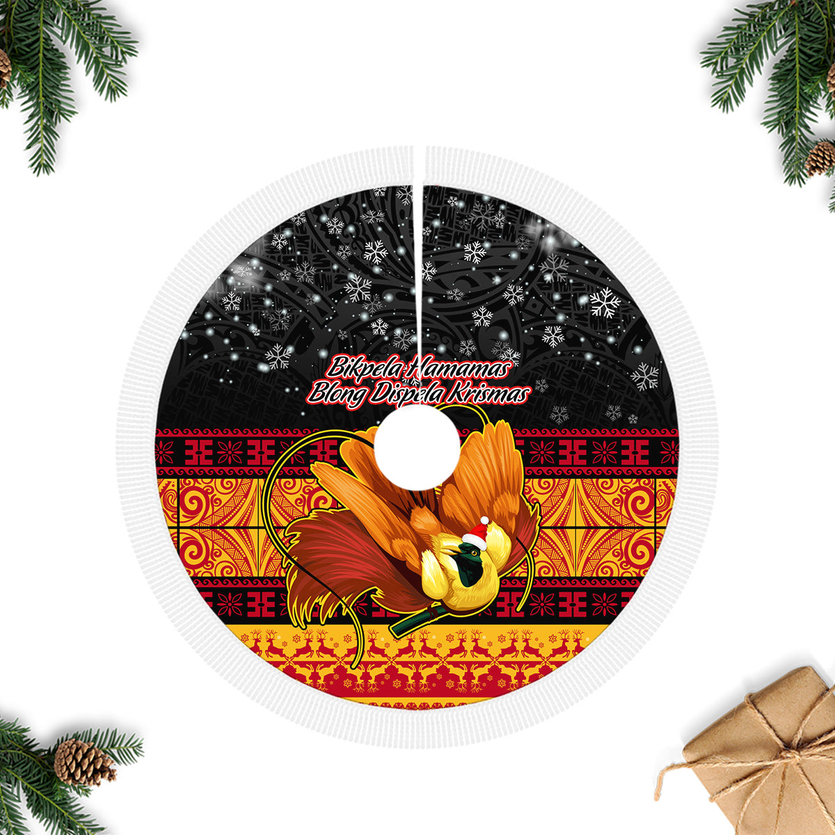 PNG Hamamas Krismas Tree Skirt Papua New Guinea Bird Of Paradise Merry Christmas Black Style LT9 Fringed Tree Skirts Black - Polynesian Pride
