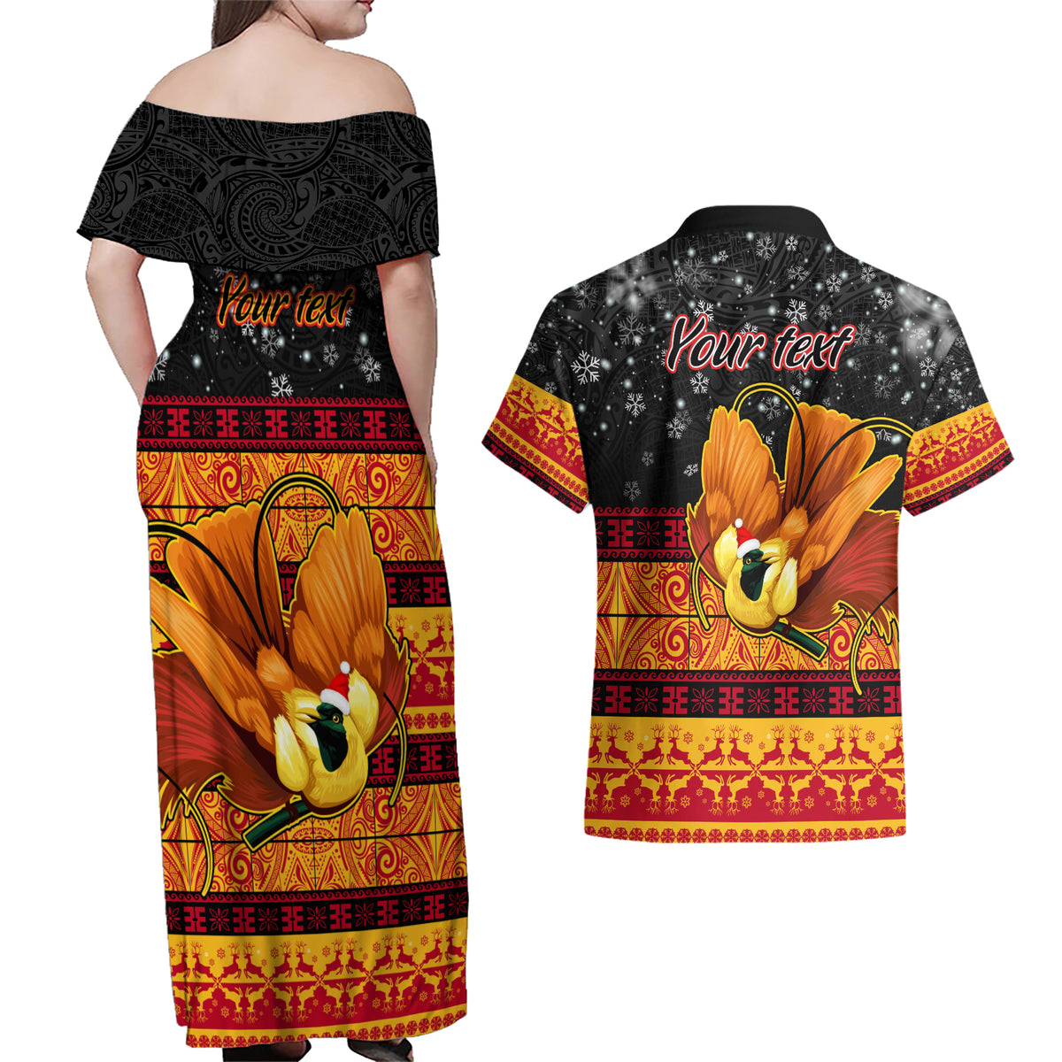 Personalised PNG Hamamas Krismas Couples Matching Off Shoulder Maxi Dress and Hawaiian Shirt Papua New Guinea Bird Of Paradise Merry Christmas Black Style LT9 - Polynesian Pride