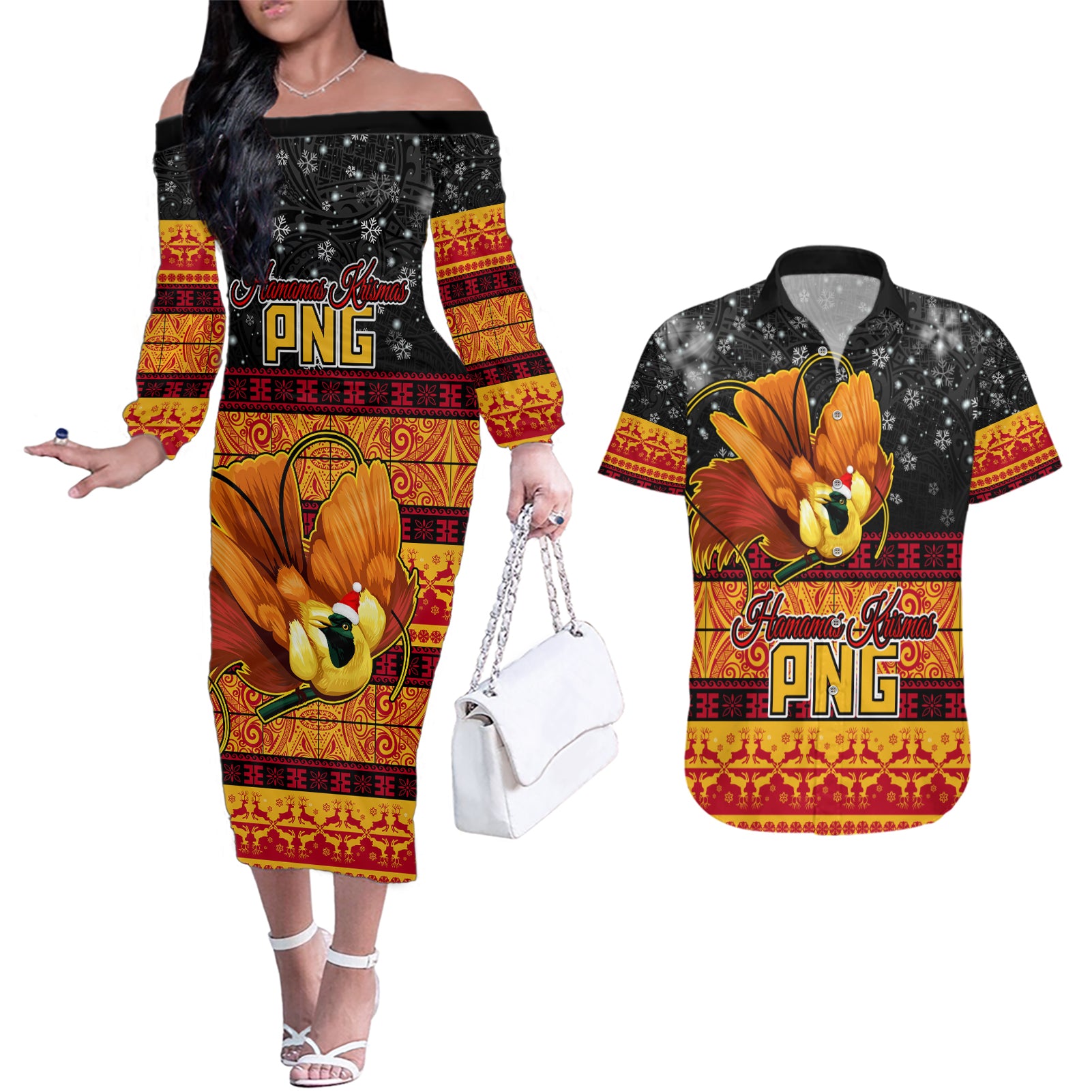 Personalised PNG Hamamas Krismas Couples Matching Off The Shoulder Long Sleeve Dress and Hawaiian Shirt Papua New Guinea Bird Of Paradise Merry Christmas Black Style LT9 Black - Polynesian Pride