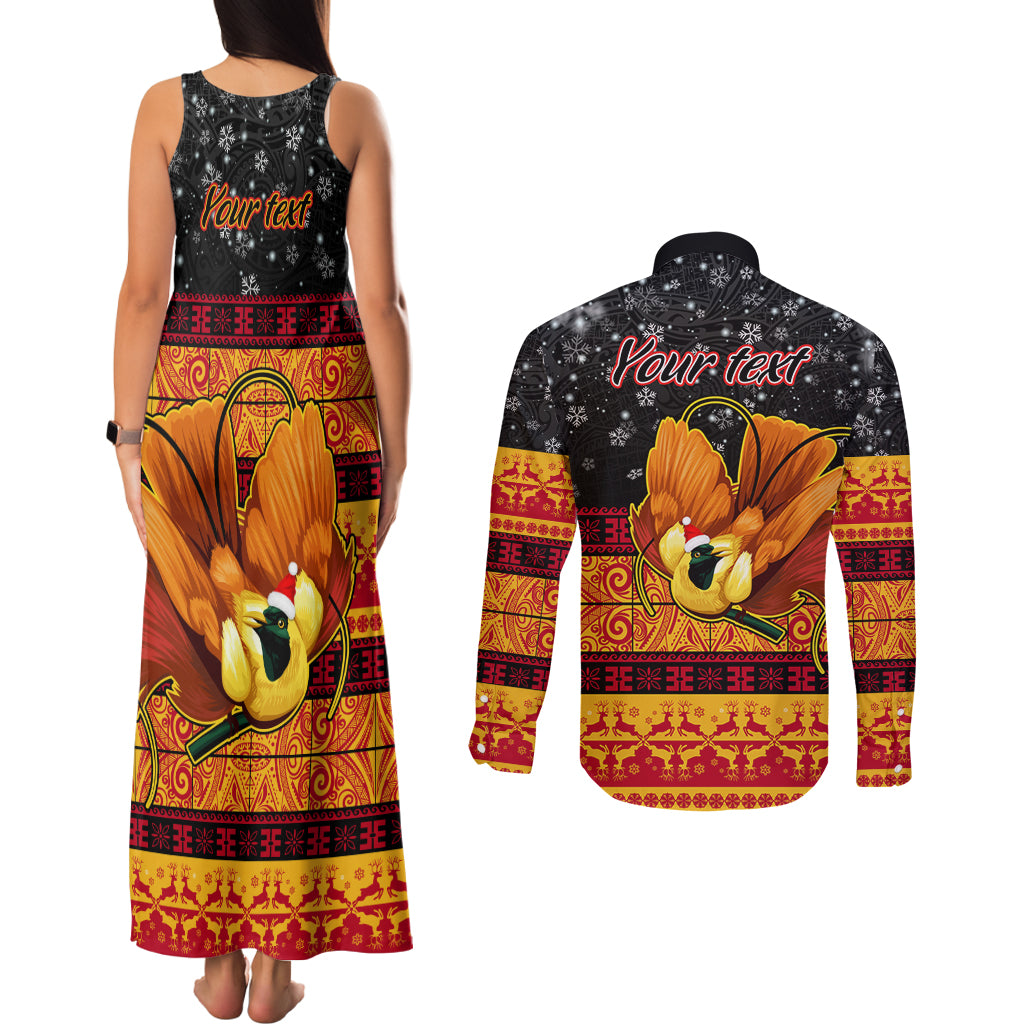 Personalised PNG Hamamas Krismas Couples Matching Tank Maxi Dress and Long Sleeve Button Shirt Papua New Guinea Bird Of Paradise Merry Christmas Black Style LT9 - Polynesian Pride