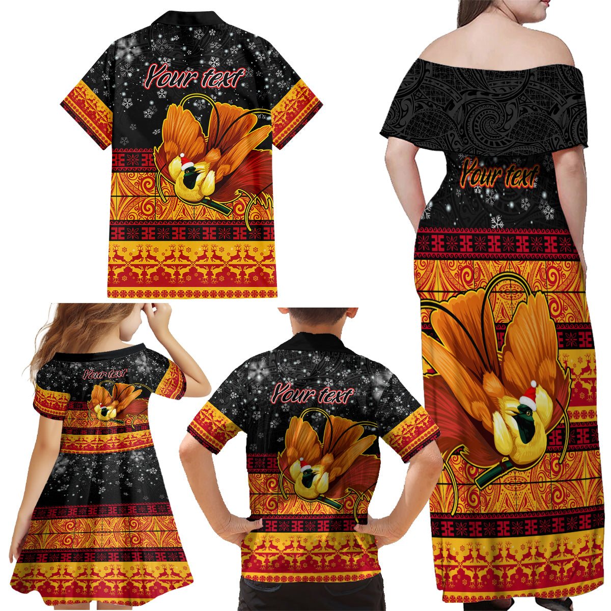 Personalised PNG Hamamas Krismas Family Matching Off Shoulder Maxi Dress and Hawaiian Shirt Papua New Guinea Bird Of Paradise Merry Christmas Black Style LT9 - Polynesian Pride