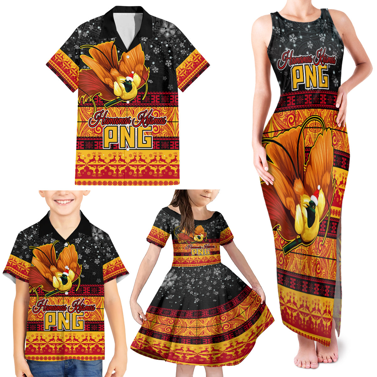 Personalised PNG Hamamas Krismas Family Matching Tank Maxi Dress and Hawaiian Shirt Papua New Guinea Bird Of Paradise Merry Christmas Black Style LT9 - Polynesian Pride