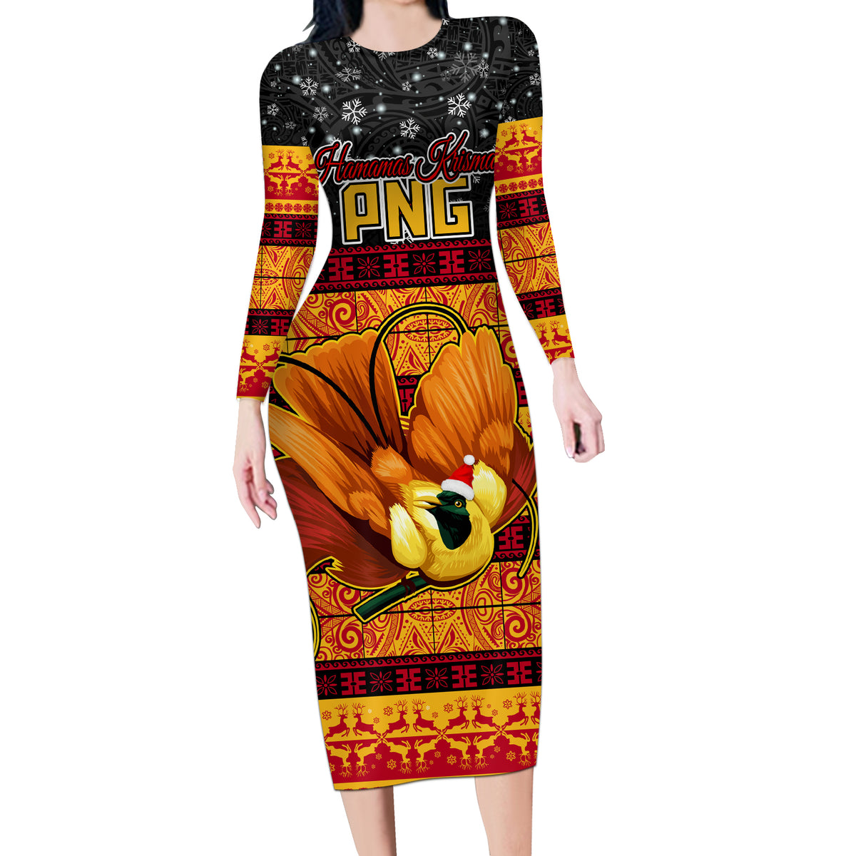 Personalised PNG Hamamas Krismas Long Sleeve Bodycon Dress Papua New Guinea Bird Of Paradise Merry Christmas Black Style LT9 Long Dress Black - Polynesian Pride