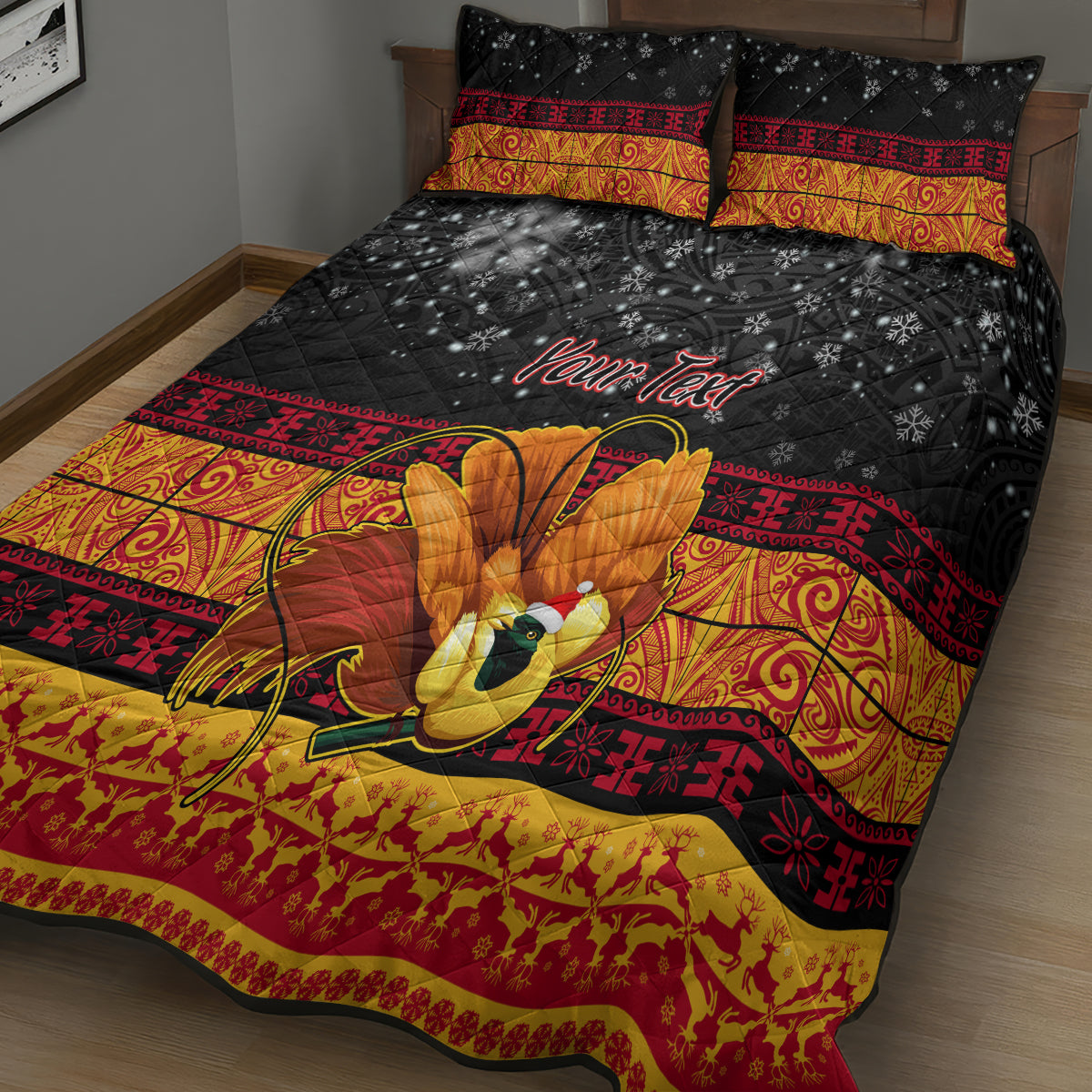 Personalised PNG Hamamas Krismas Quilt Bed Set Papua New Guinea Bird Of Paradise Merry Christmas Black Style LT9 - Polynesian Pride