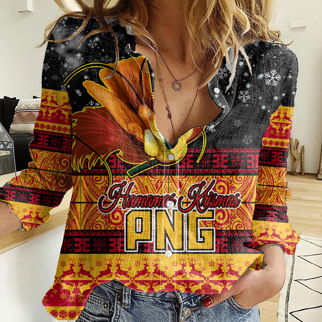 Personalised PNG Hamamas Krismas Women Casual Shirt Papua New Guinea Bird Of Paradise Merry Christmas Black Style LT9 Female Black - Polynesian Pride