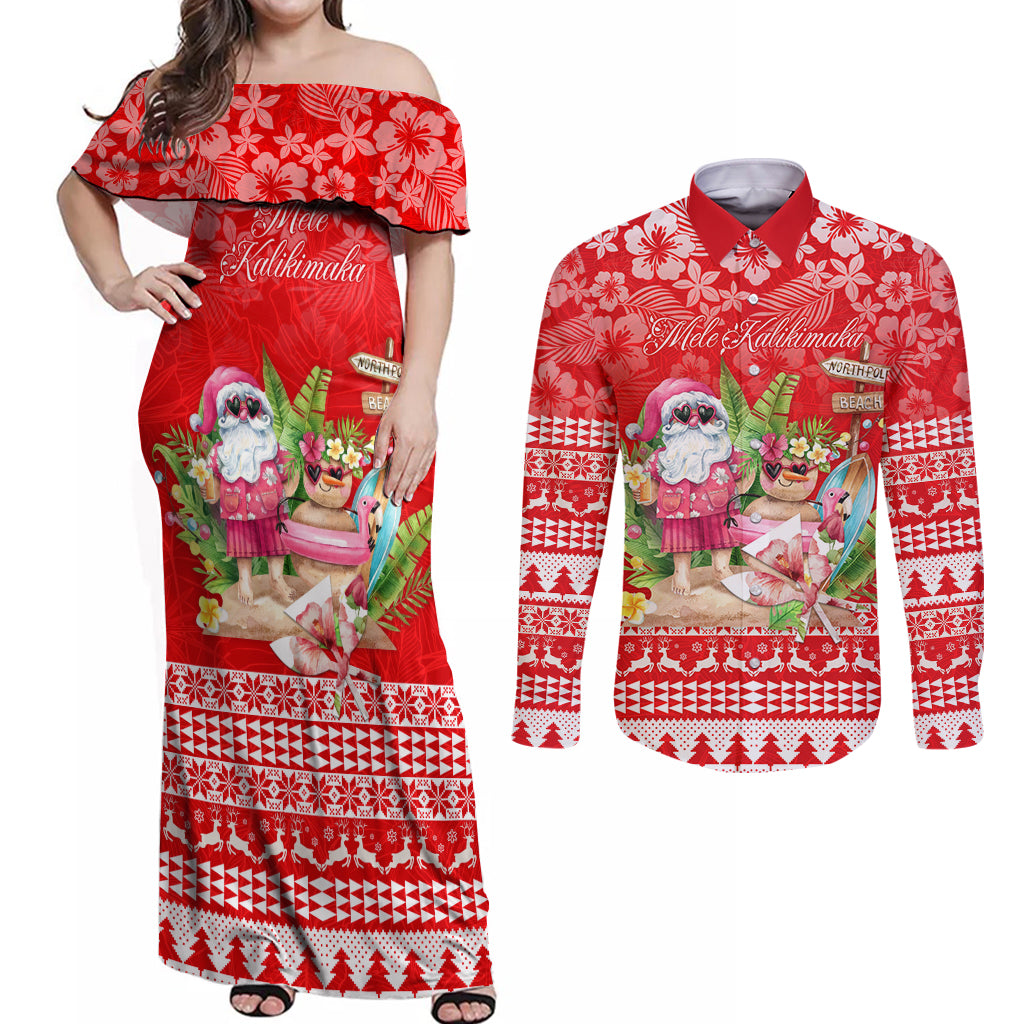 Personalised Hawaii Mele Kalikimaka Couples Matching Off Shoulder Maxi Dress and Long Sleeve Button Shirt Santa Beach Merry Christmas LT9 Red - Polynesian Pride