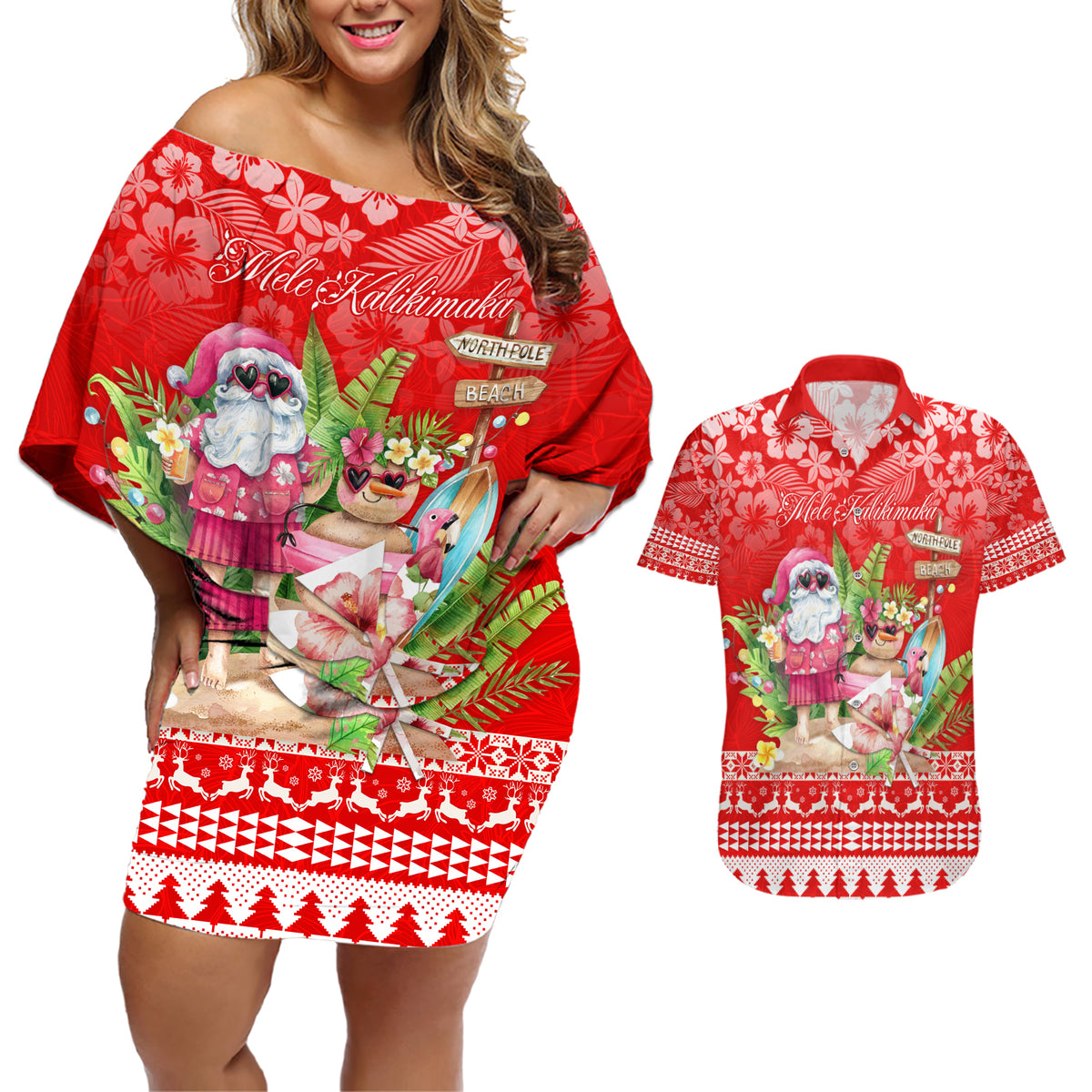 Personalised Hawaii Mele Kalikimaka Couples Matching Off Shoulder Short Dress and Hawaiian Shirt Santa Beach Merry Christmas LT9 Red - Polynesian Pride