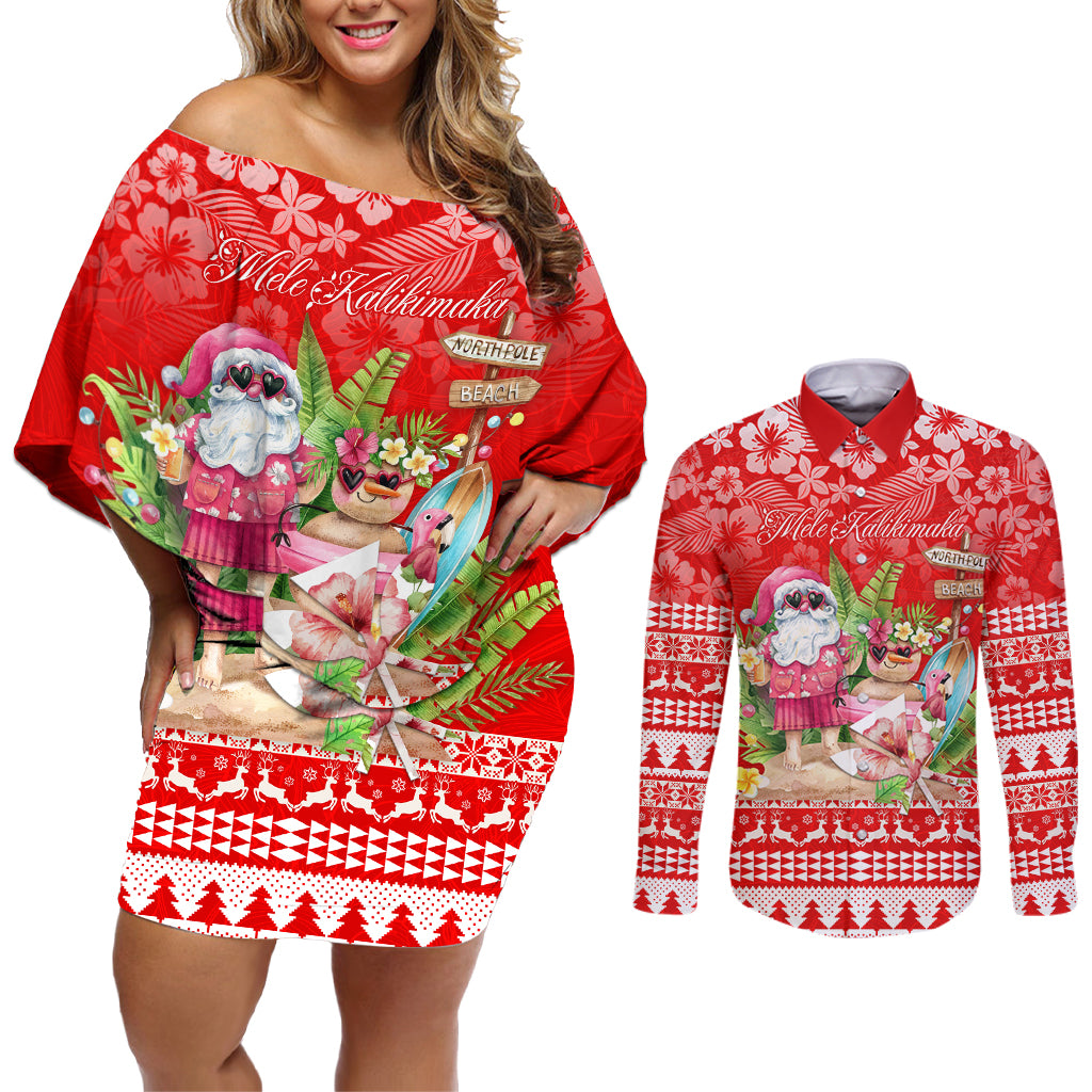 Personalised Hawaii Mele Kalikimaka Couples Matching Off Shoulder Short Dress and Long Sleeve Button Shirt Santa Beach Merry Christmas LT9 Red - Polynesian Pride