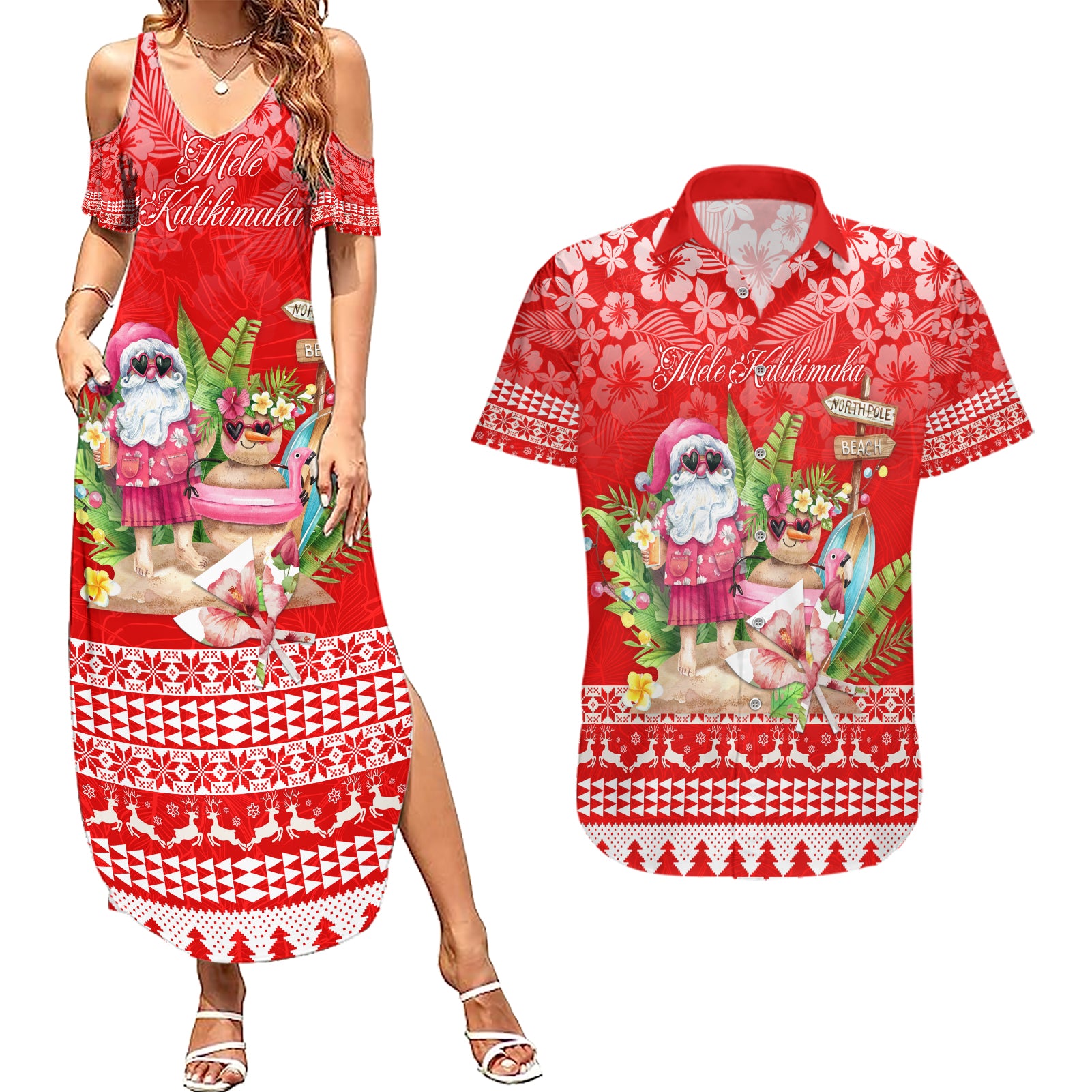 Personalised Hawaii Mele Kalikimaka Couples Matching Summer Maxi Dress and Hawaiian Shirt Santa Beach Merry Christmas LT9 Red - Polynesian Pride