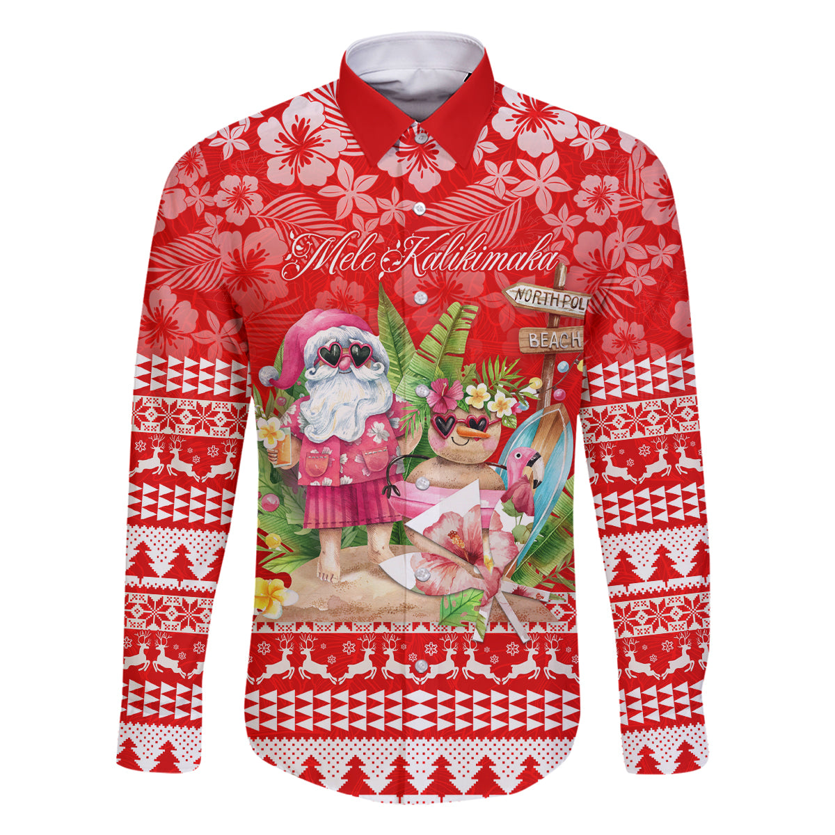 Personalised Hawaii Mele Kalikimaka Family Matching Off Shoulder Long Sleeve Dress and Hawaiian Shirt Santa Beach Merry Christmas LT9 Dad's Shirt - Long Sleeve Red - Polynesian Pride