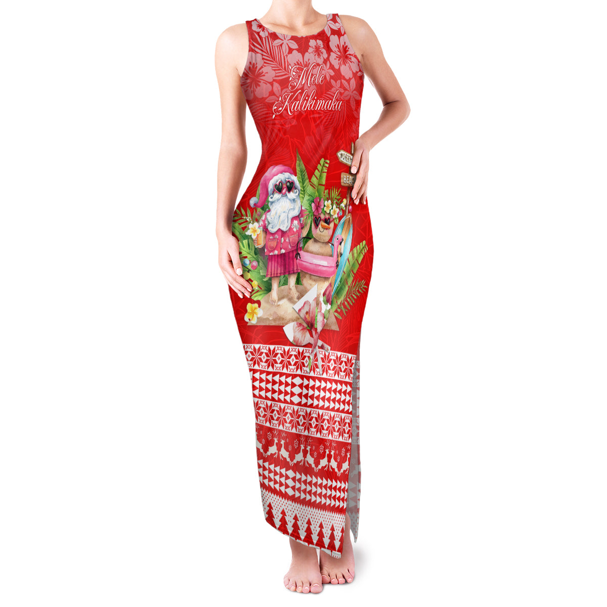 Personalised Hawaii Mele Kalikimaka Family Matching Tank Maxi Dress and Hawaiian Shirt Santa Beach Merry Christmas LT9 Mom's Dress Red - Polynesian Pride