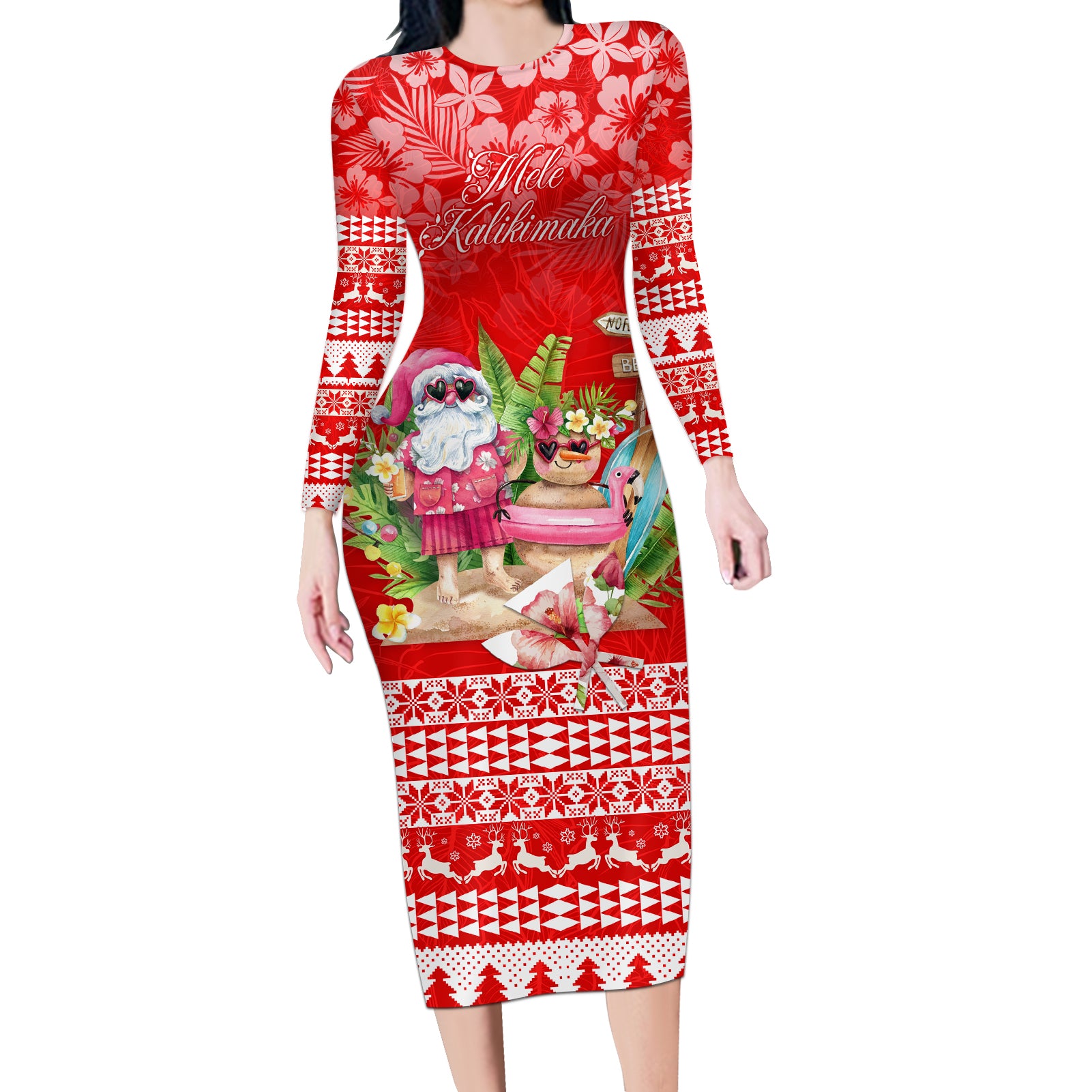 Personalised Hawaii Mele Kalikimaka Long Sleeve Bodycon Dress Santa Beach Merry Christmas LT9 Long Dress Red - Polynesian Pride