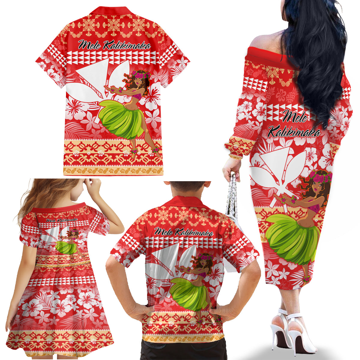 Hawaii Mele Kalikimaka Family Matching Off Shoulder Long Sleeve Dress and Hawaiian Shirt Santa Claus and Hula Dancing Merry Christmas LT9 - Polynesian Pride
