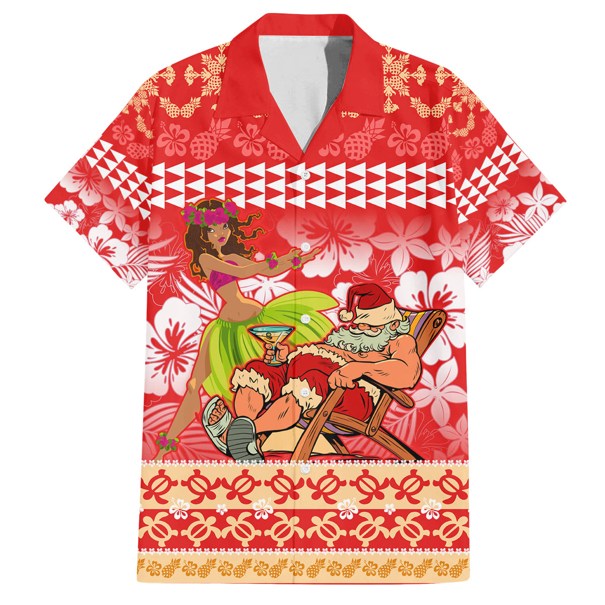 Hawaii Mele Kalikimaka Family Matching Off Shoulder Maxi Dress and Hawaiian Shirt Santa Claus and Hula Dancing Merry Christmas LT9 Dad's Shirt - Short Sleeve Red - Polynesian Pride