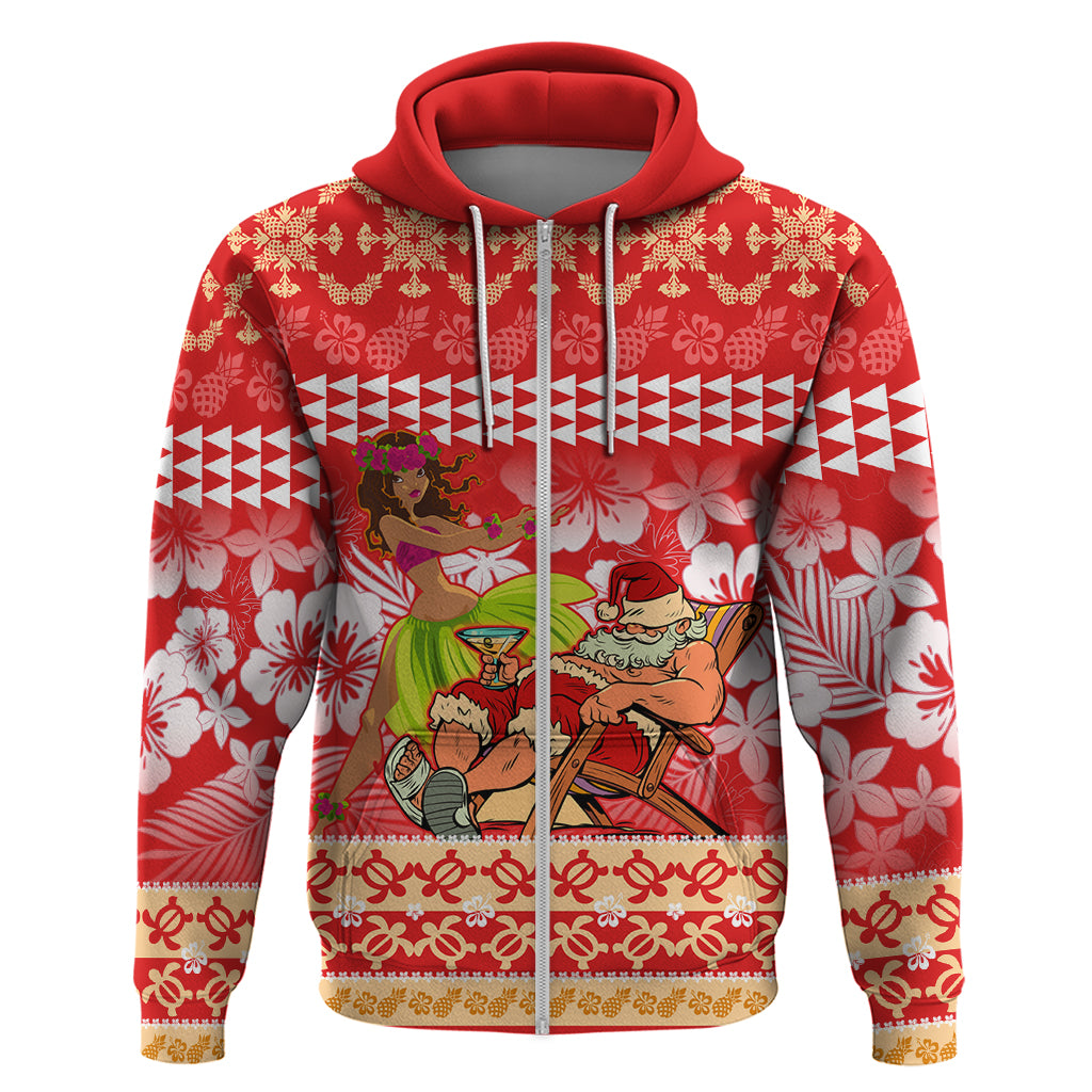 Hawaii Mele Kalikimaka Hoodie Santa Claus and Hula Dancing Merry Christmas LT9 Zip Hoodie Red - Polynesian Pride