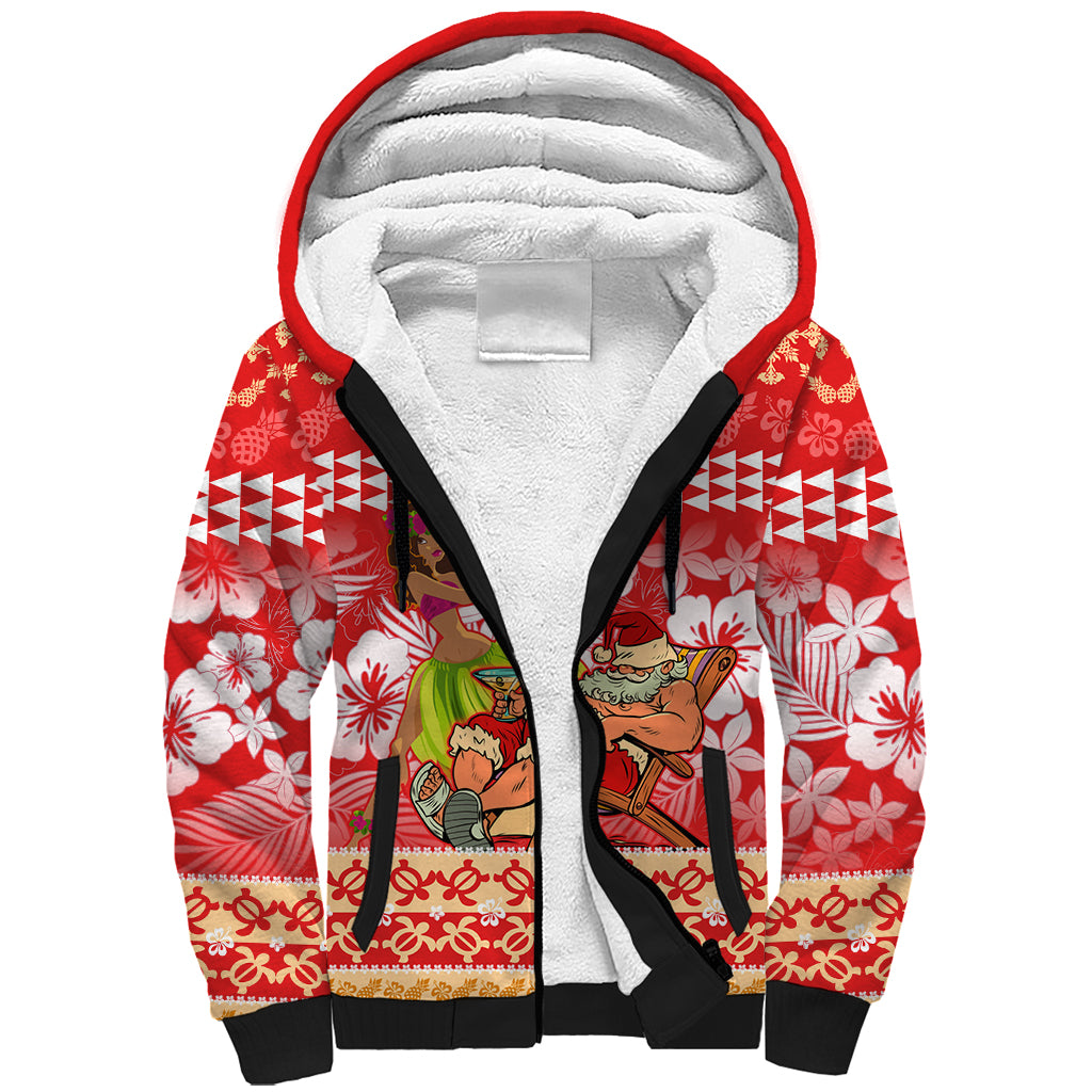 Hawaii Mele Kalikimaka Sherpa Hoodie Santa Claus and Hula Dancing Merry Christmas LT9 Unisex Red - Polynesian Pride