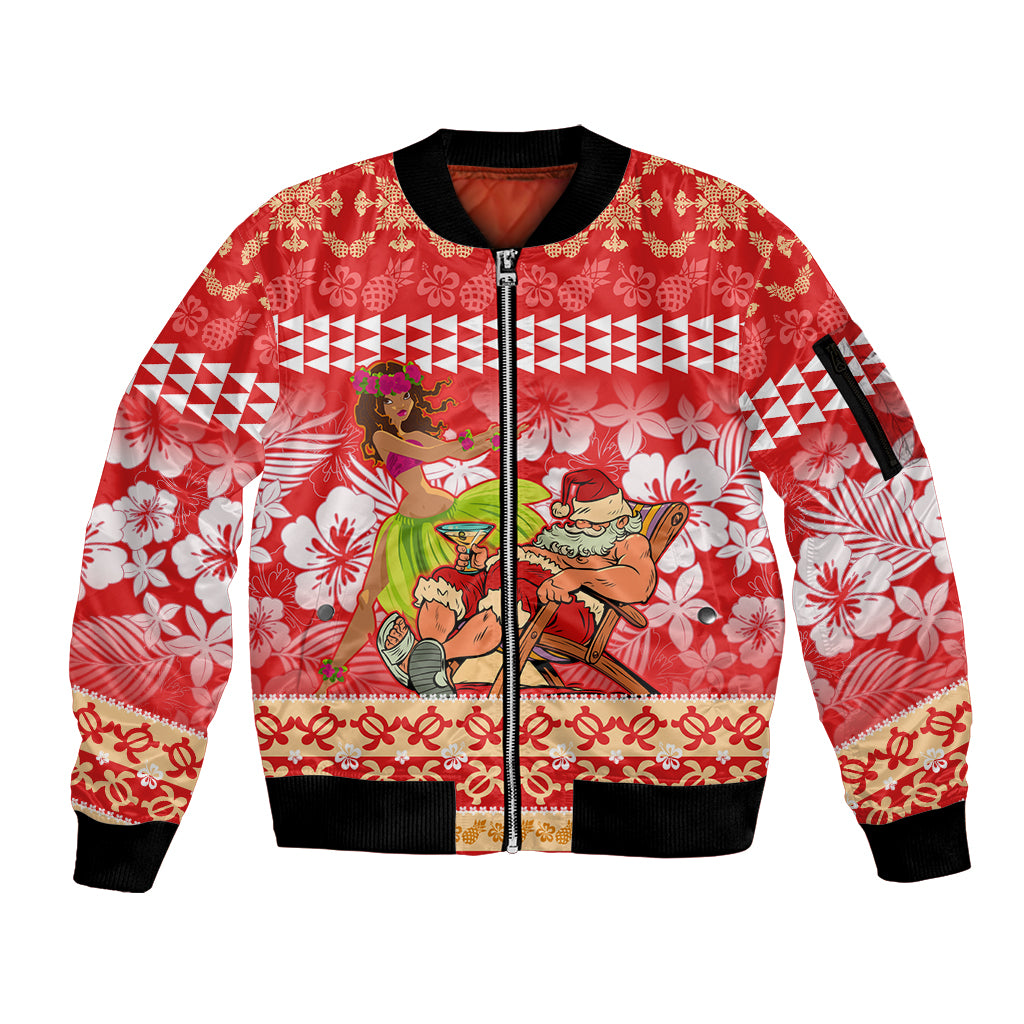 Hawaii Mele Kalikimaka Sleeve Zip Bomber Jacket Santa Claus and Hula Dancing Merry Christmas LT9 Unisex Red - Polynesian Pride