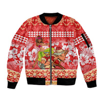 Hawaii Mele Kalikimaka Sleeve Zip Bomber Jacket Santa Claus and Hula Dancing Merry Christmas LT9 Unisex Red - Polynesian Pride