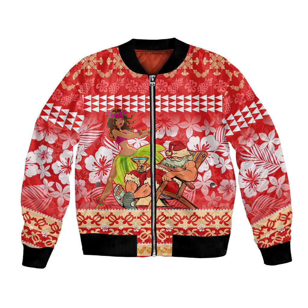 Personalised Hawaii Mele Kalikimaka Bomber Jacket Santa Claus and Hula Dancing Merry Christmas LT9 Unisex Red - Polynesian Pride