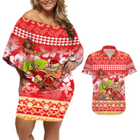 Personalised Hawaii Mele Kalikimaka Couples Matching Off Shoulder Short Dress and Hawaiian Shirt Santa Claus and Hula Dancing Merry Christmas LT9 Red - Polynesian Pride