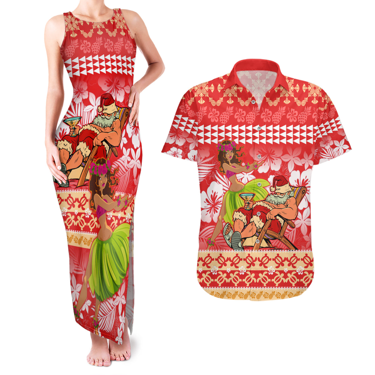 Personalised Hawaii Mele Kalikimaka Couples Matching Tank Maxi Dress and Hawaiian Shirt Santa Claus and Hula Dancing Merry Christmas LT9 Red - Polynesian Pride