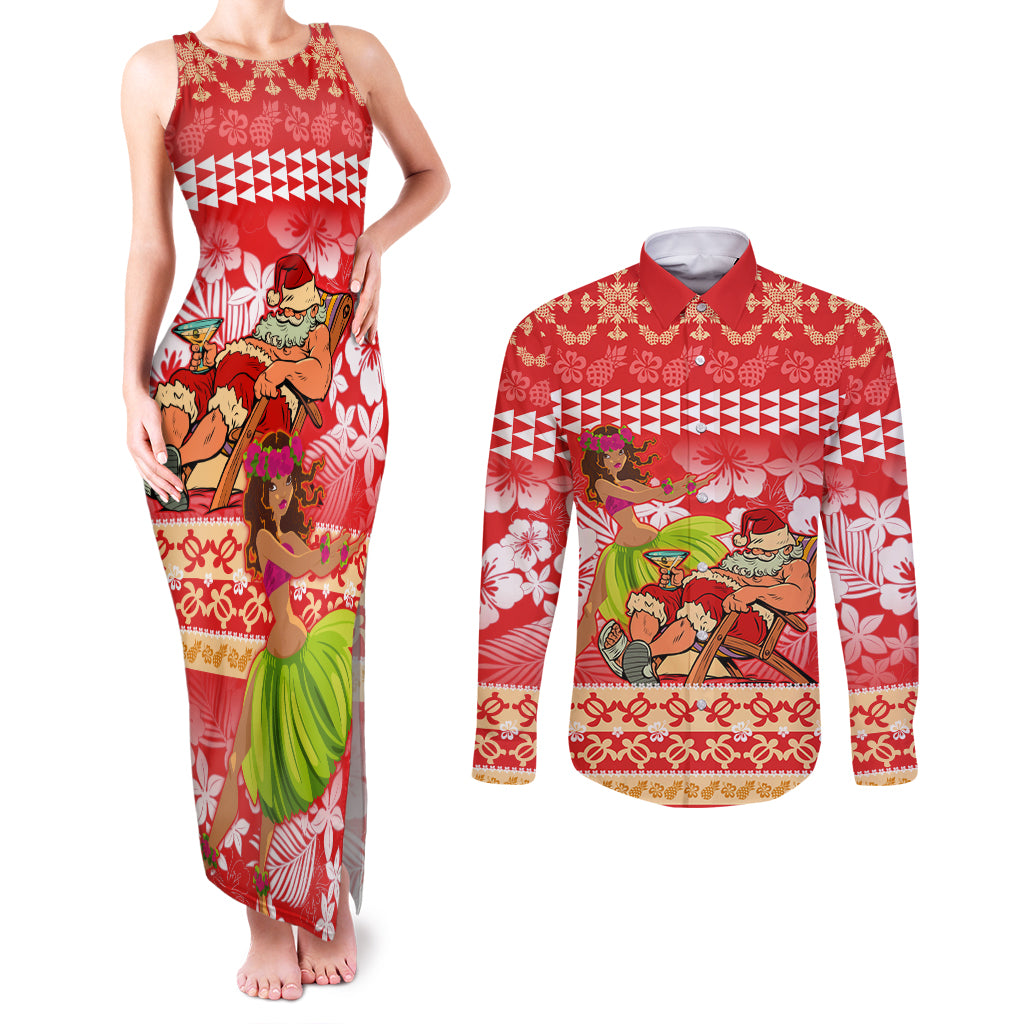 Personalised Hawaii Mele Kalikimaka Couples Matching Tank Maxi Dress and Long Sleeve Button Shirt Santa Claus and Hula Dancing Merry Christmas LT9 Red - Polynesian Pride