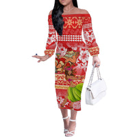 Personalised Hawaii Mele Kalikimaka Family Matching Off Shoulder Long Sleeve Dress and Hawaiian Shirt Santa Claus and Hula Dancing Merry Christmas LT9 Mom's Dress Red - Polynesian Pride