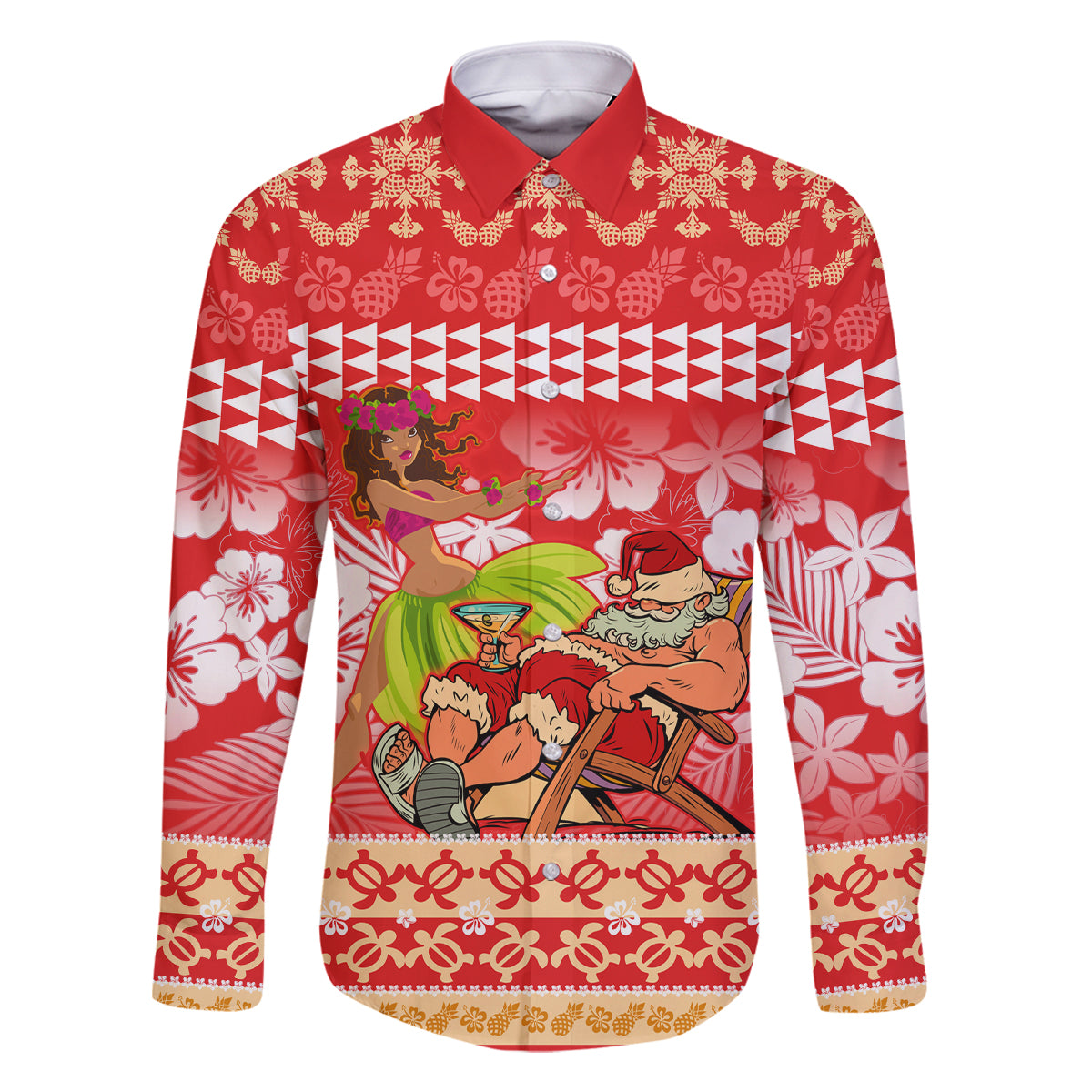 Personalised Hawaii Mele Kalikimaka Family Matching Off Shoulder Short Dress and Hawaiian Shirt Santa Claus and Hula Dancing Merry Christmas LT9 Dad's Shirt - Long Sleeve Red - Polynesian Pride