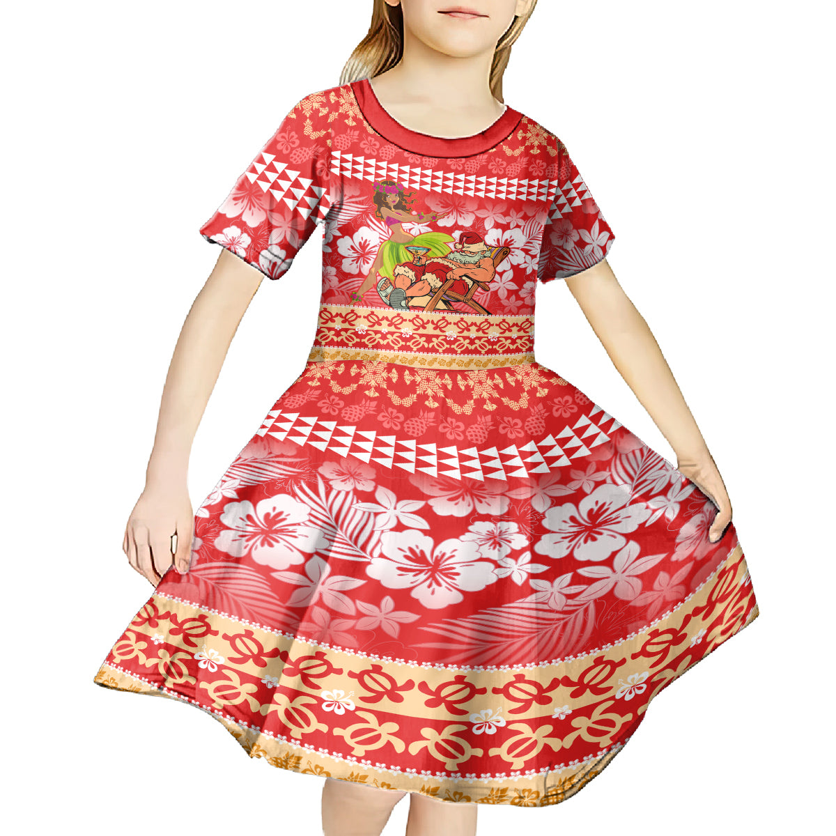 Personalised Hawaii Mele Kalikimaka Kid Short Sleeve Dress Santa Claus and Hula Dancing Merry Christmas LT9 - Polynesian Pride