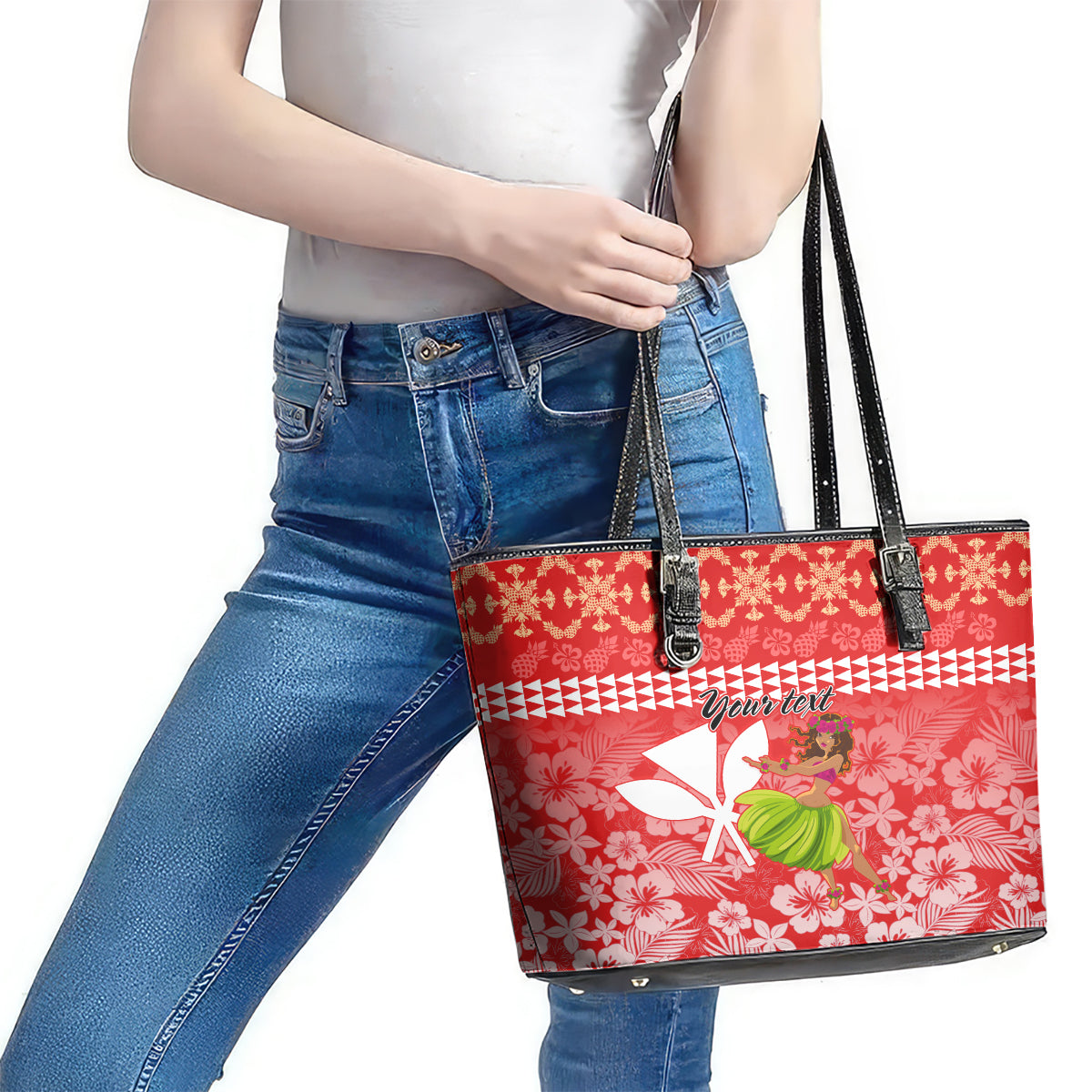 Personalised Hawaii Mele Kalikimaka Leather Tote Bag Santa Claus and Hula Dancing Merry Christmas LT9 - Polynesian Pride