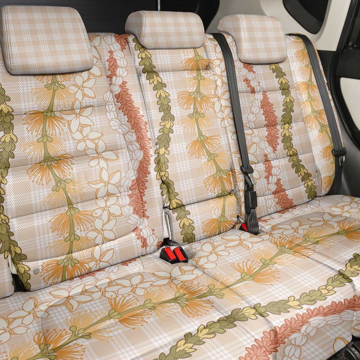 Hawaiian Ohia Lehua Lei Back Car Seat Cover Plaid Palaka Ahiehie Pattern - Polynesian Pride