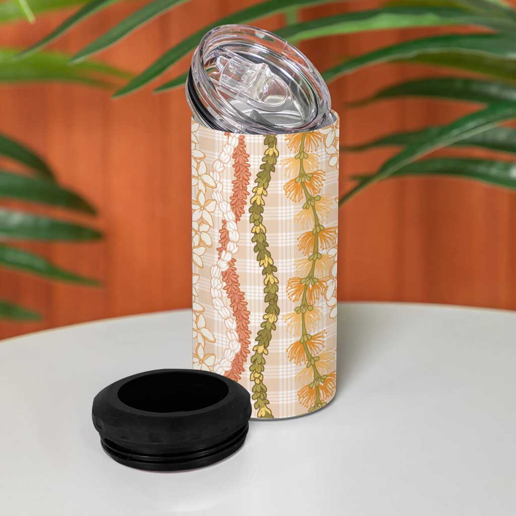 Hawaiian Ohia Lehua Lei 4 in 1 Can Cooler Tumbler Plaid Palaka Ahiehie Pattern - Polynesian Pride
