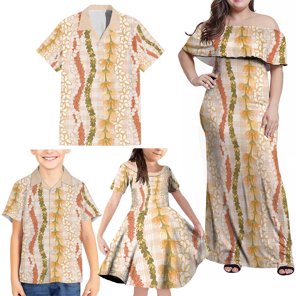 Hawaiian Ohia Lehua Lei Family Matching Off Shoulder Maxi Dress and Hawaiian Shirt Plaid Palaka Ahiehie Pattern - Polynesian Pride