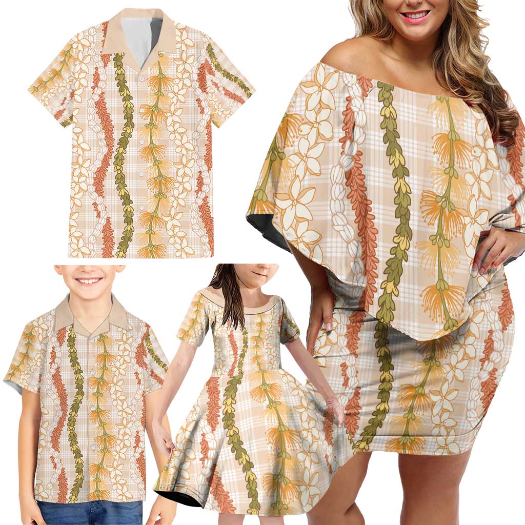 Hawaiian Ohia Lehua Lei Family Matching Off Shoulder Short Dress and Hawaiian Shirt Plaid Palaka Ahiehie Pattern - Polynesian Pride
