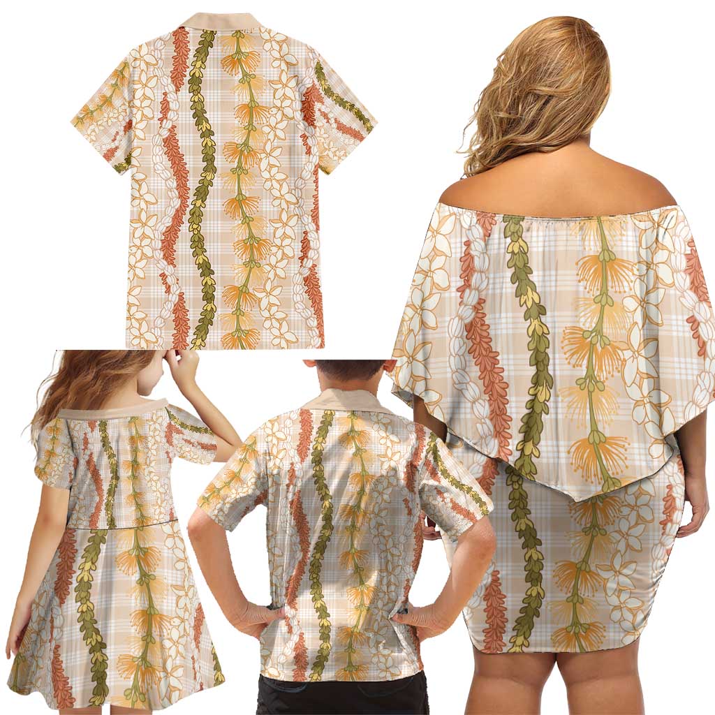 Hawaiian Ohia Lehua Lei Family Matching Off Shoulder Short Dress and Hawaiian Shirt Plaid Palaka Ahiehie Pattern - Polynesian Pride