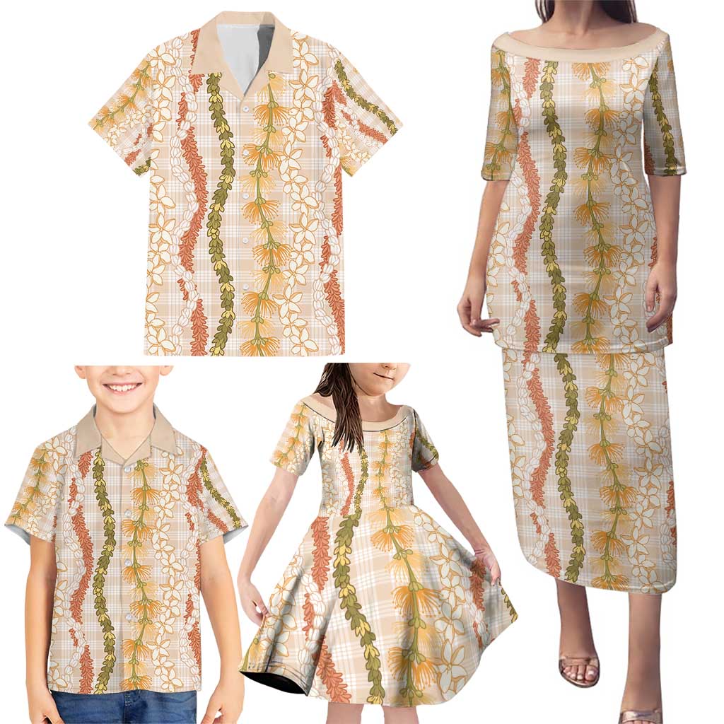 Hawaiian Ohia Lehua Lei Family Matching Puletasi and Hawaiian Shirt Plaid Palaka Ahiehie Pattern - Polynesian Pride