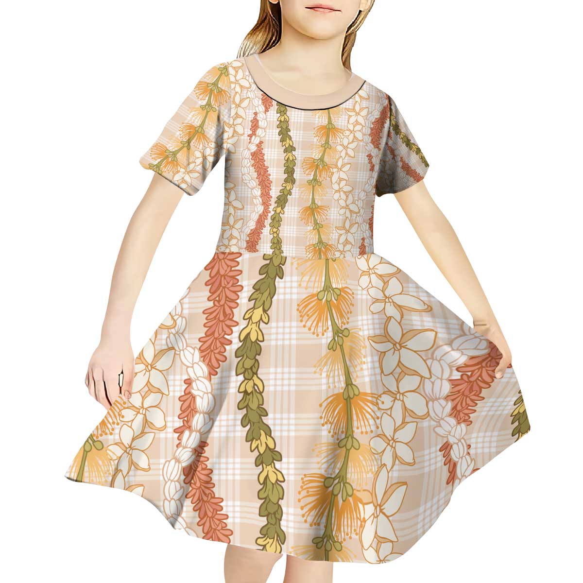 Hawaiian Ohia Lehua Lei Kid Short Sleeve Dress Plaid Palaka Ahiehie Pattern - Polynesian Pride