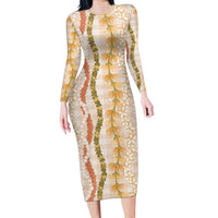 Hawaiian Ohia Lehua Lei Long Sleeve Bodycon Dress Plaid Palaka Ahiehie Pattern - Polynesian Pride