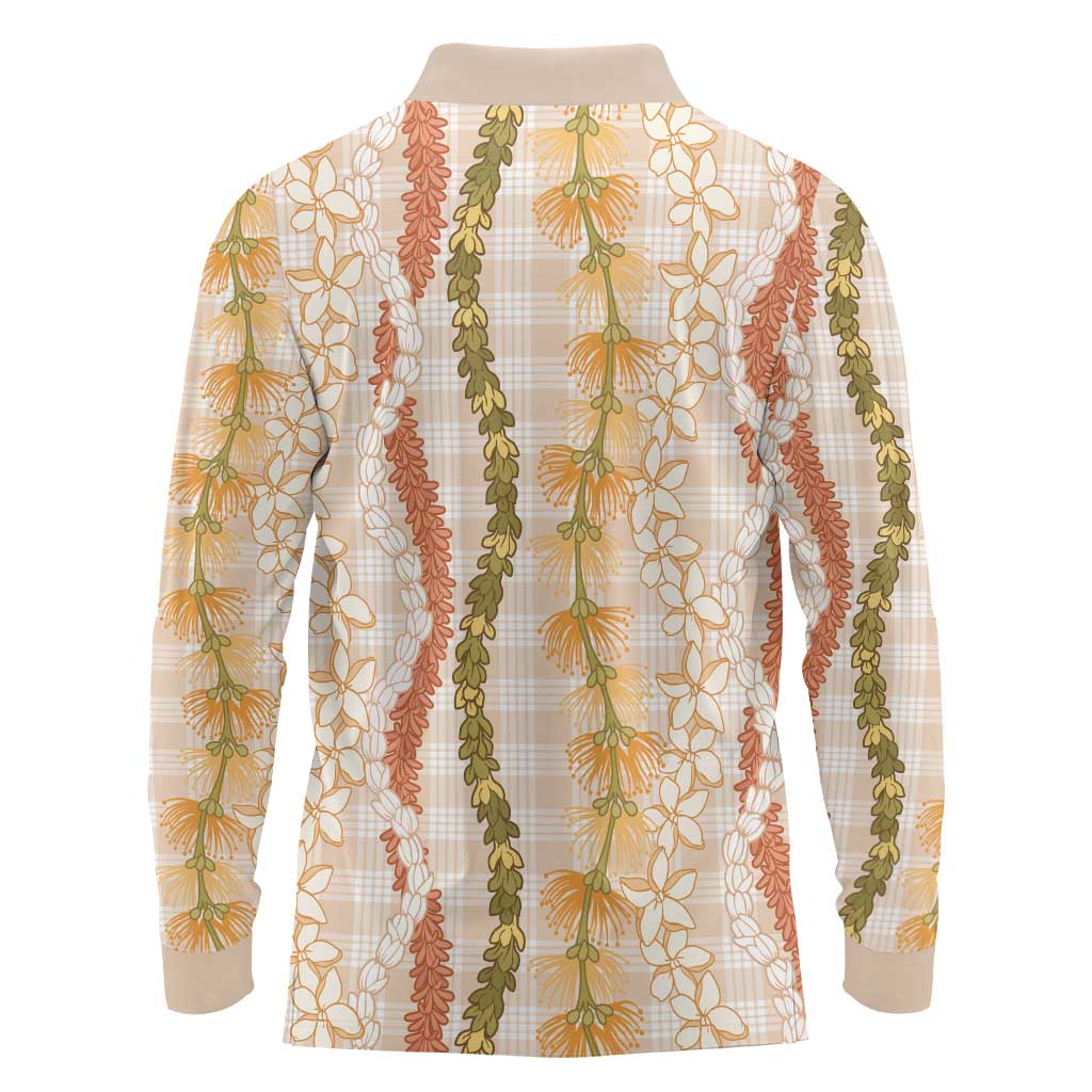 Hawaiian Ohia Lehua Lei Long Sleeve Polo Shirt Plaid Palaka Ahiehie Pattern - Polynesian Pride
