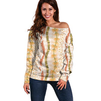 Hawaiian Ohia Lehua Lei Off Shoulder Sweater Plaid Palaka Ahiehie Pattern - Polynesian Pride
