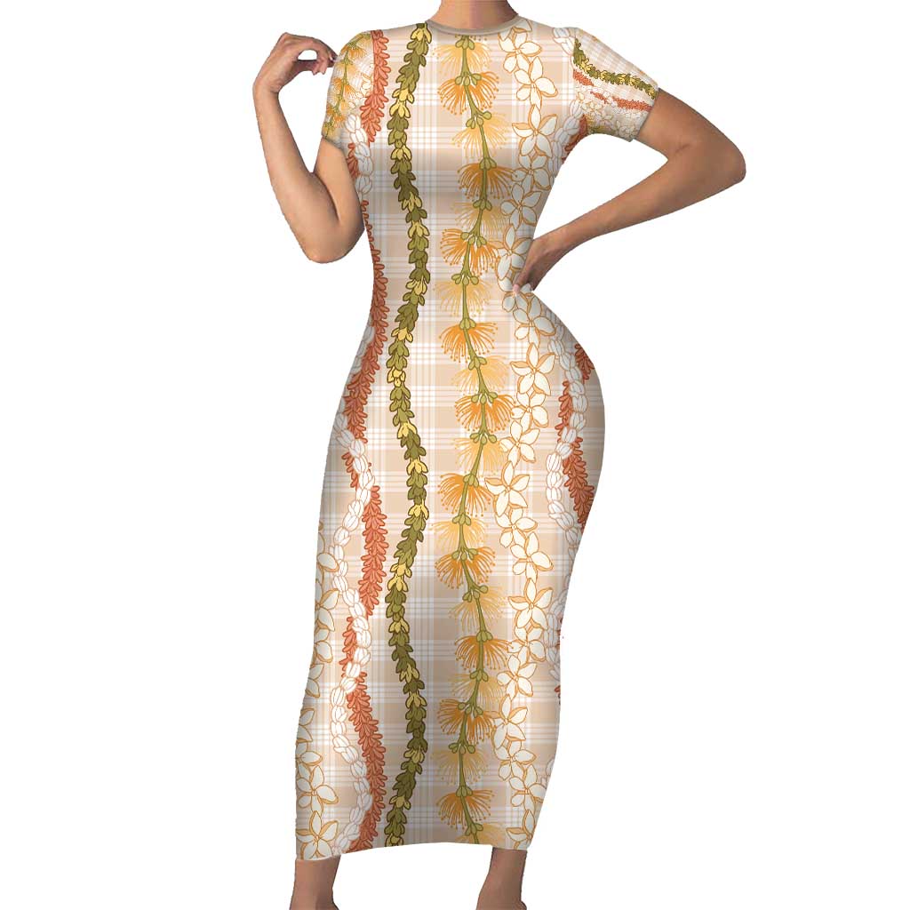 Hawaiian Ohia Lehua Lei Short Sleeve Bodycon Dress Plaid Palaka Ahiehie Pattern - Polynesian Pride