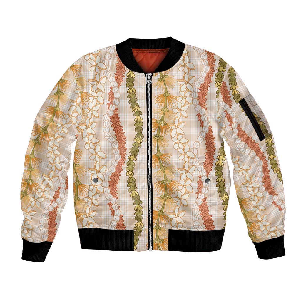 Hawaiian Ohia Lehua Lei Sleeve Zip Bomber Jacket Plaid Palaka Ahiehie Pattern - Polynesian Pride