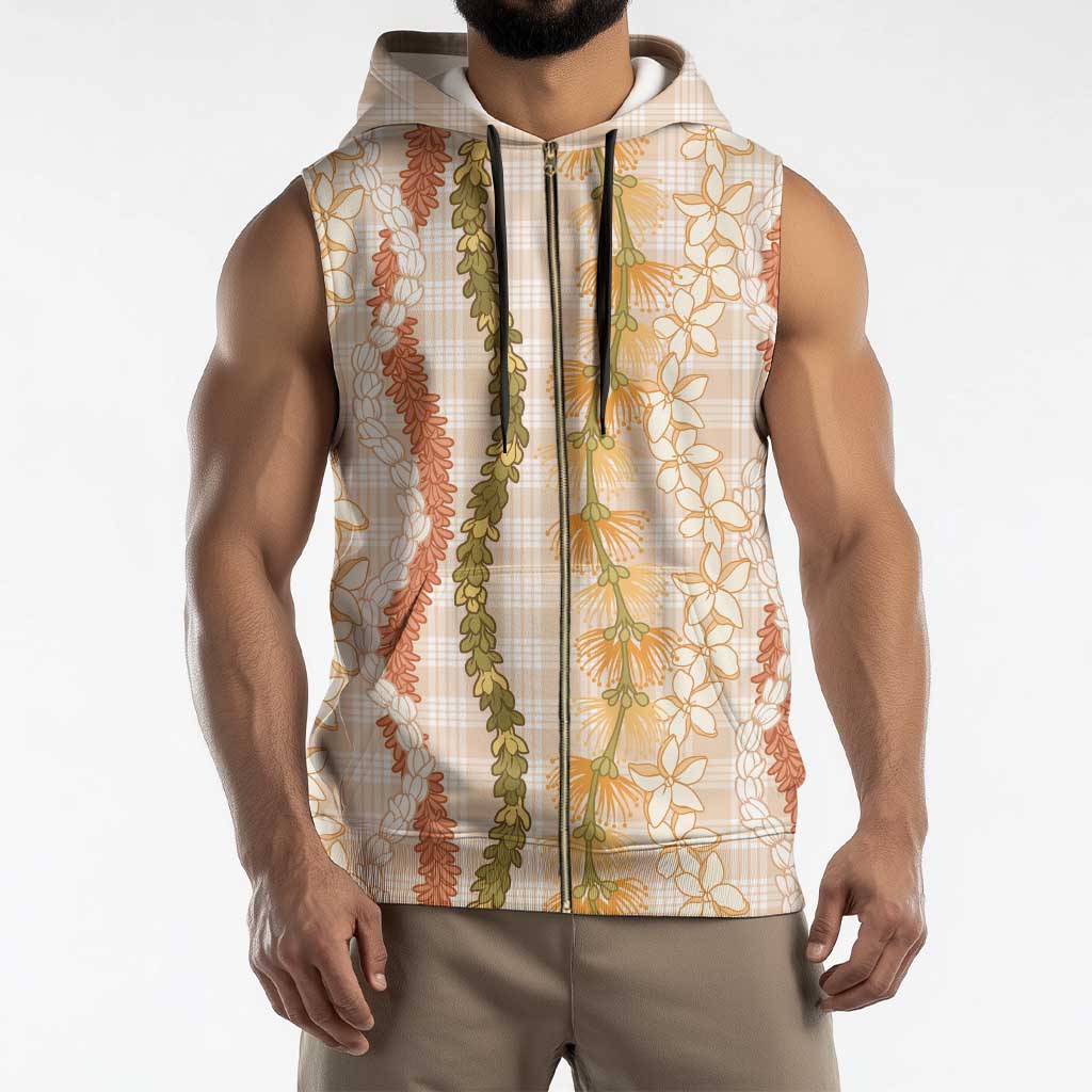 Hawaiian Ohia Lehua Lei Sleeveless Zip Hoodie Plaid Palaka Ahiehie Pattern - Polynesian Pride