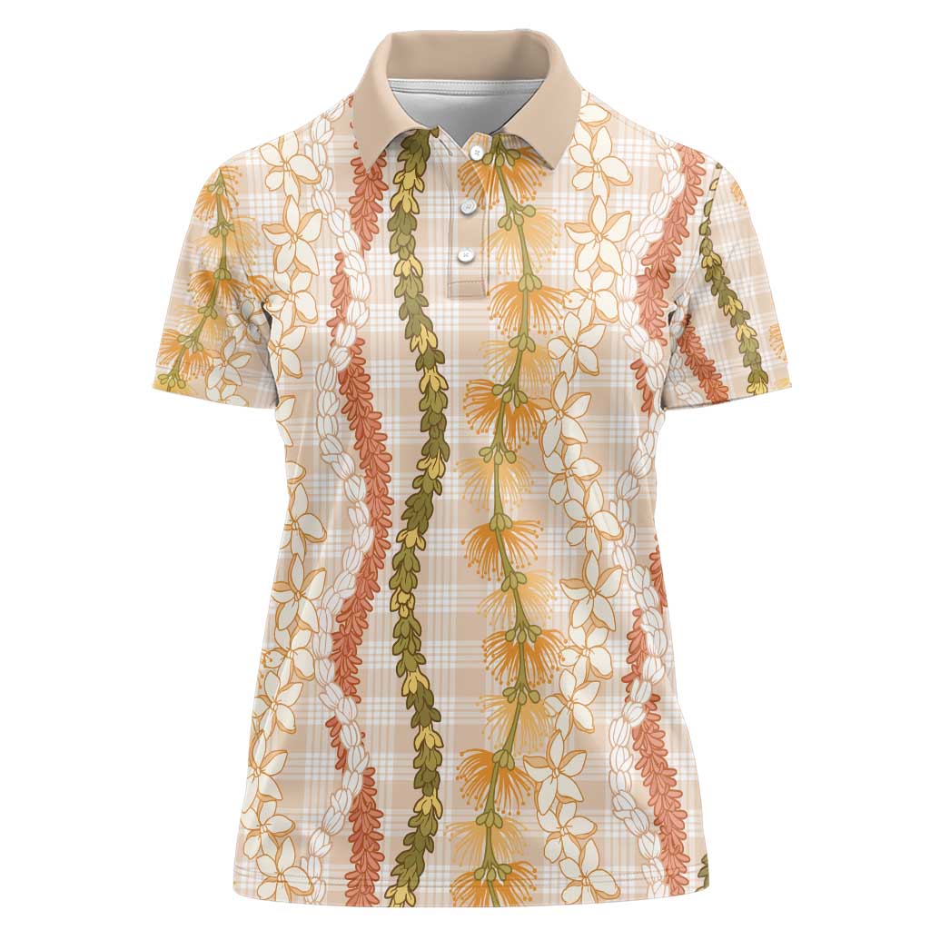 Hawaiian Ohia Lehua Lei Women Polo Shirt Plaid Palaka Ahiehie Pattern - Polynesian Pride