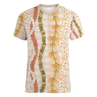 Hawaiian Ohia Lehua Lei Women V-Neck T-Shirt Plaid Palaka Ahiehie Pattern - Polynesian Pride