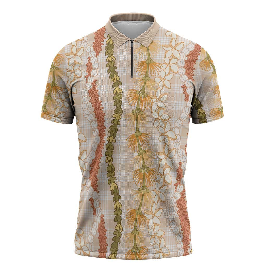 Hawaiian Ohia Lehua Lei Zipper Polo Shirt Plaid Palaka Ahiehie Pattern - Polynesian Pride