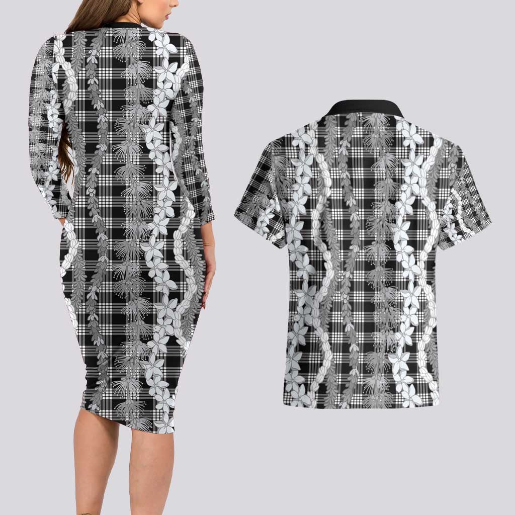 Hawaiian Ohia Lehua Lei Couples Matching Long Sleeve Bodycon Dress and Hawaiian Shirt Plaid Palaka Eleele Pattern - Polynesian Pride