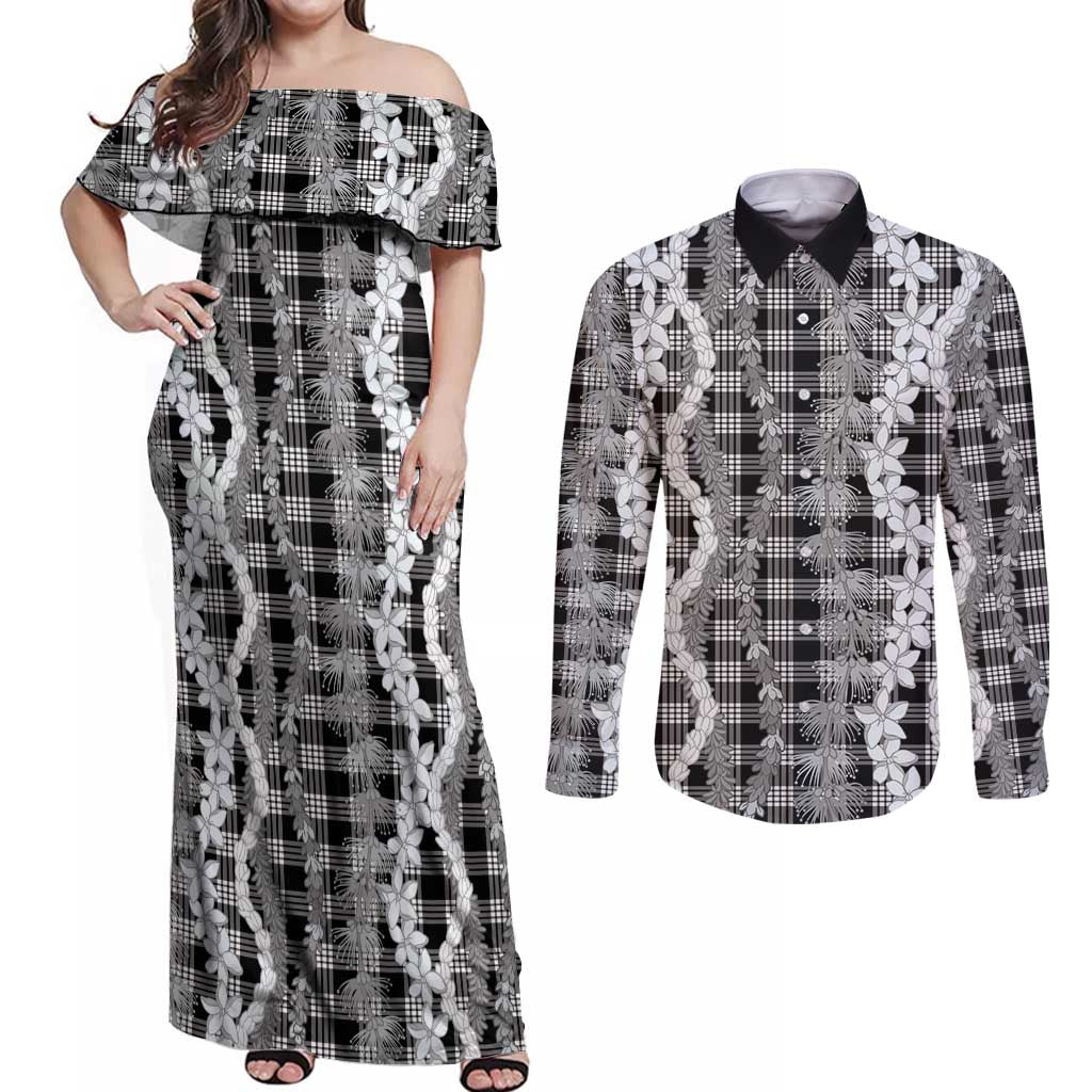 Hawaiian Ohia Lehua Lei Couples Matching Off Shoulder Maxi Dress and Long Sleeve Button Shirt Plaid Palaka Eleele Pattern - Polynesian Pride