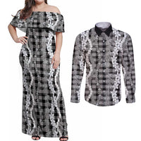 Hawaiian Ohia Lehua Lei Couples Matching Off Shoulder Maxi Dress and Long Sleeve Button Shirt Plaid Palaka Eleele Pattern - Polynesian Pride