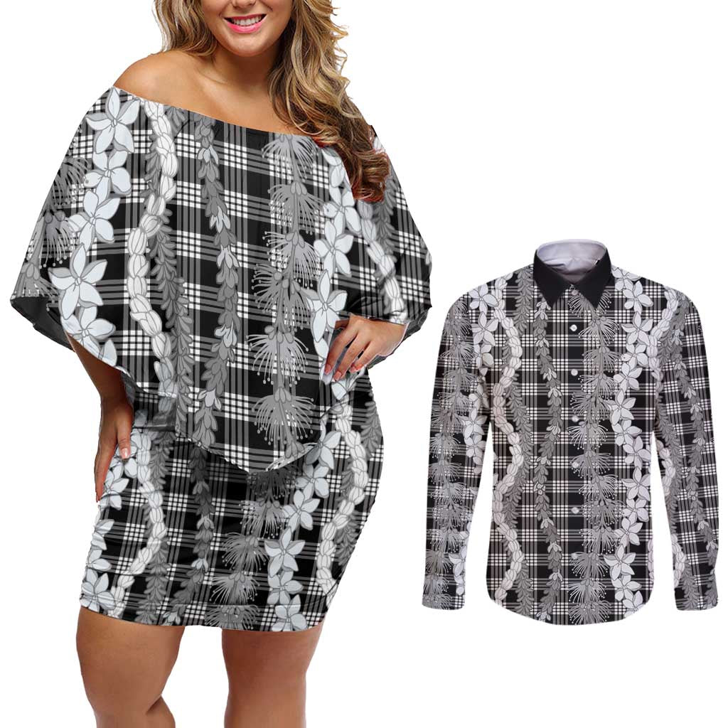 Hawaiian Ohia Lehua Lei Couples Matching Off Shoulder Short Dress and Long Sleeve Button Shirt Plaid Palaka Eleele Pattern - Polynesian Pride